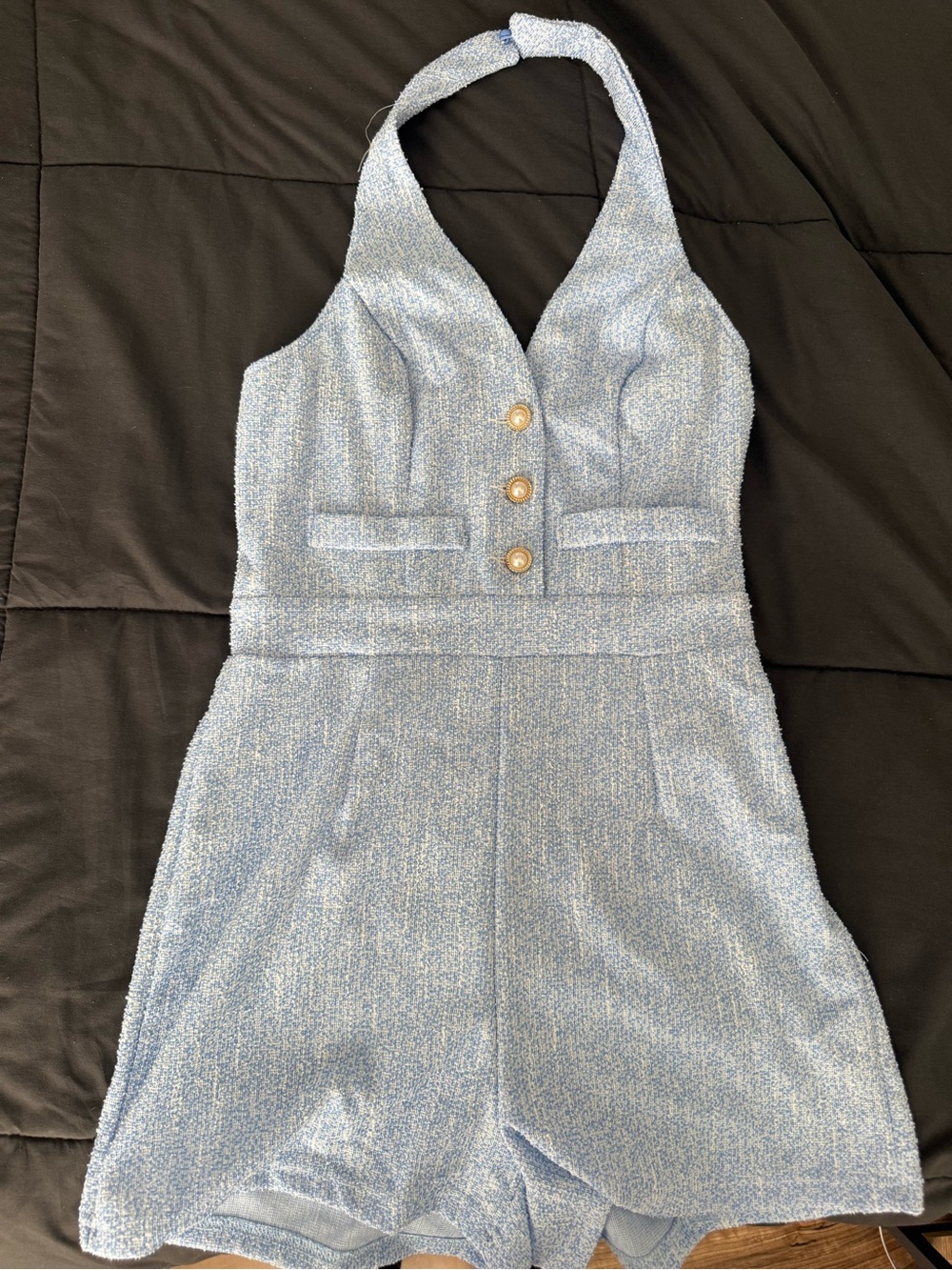 SHEIN Light Blue One-Shoulder Halter Romper Dress with Pearl Buttons